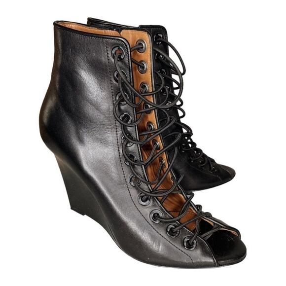 Givenchy Black Leather Lace Up Peep Toe Bondage Wedge Booties - 37.5 - Picture 2 of 10